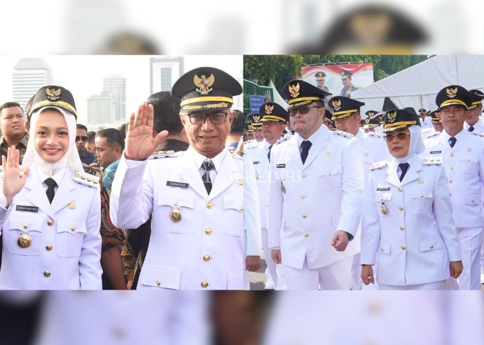 Vinanda dan Gus Qowim tampak semringah usai pelantikan serentak di Istana Kepresidenan Jakarta kemarin pagi. Dhito dan Dewi bersiap menatap periode kedua masa kepemimpinannya (foto kanan).