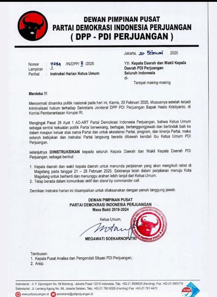 Surat instruksi oleh Ketua Umum DPD PDIP