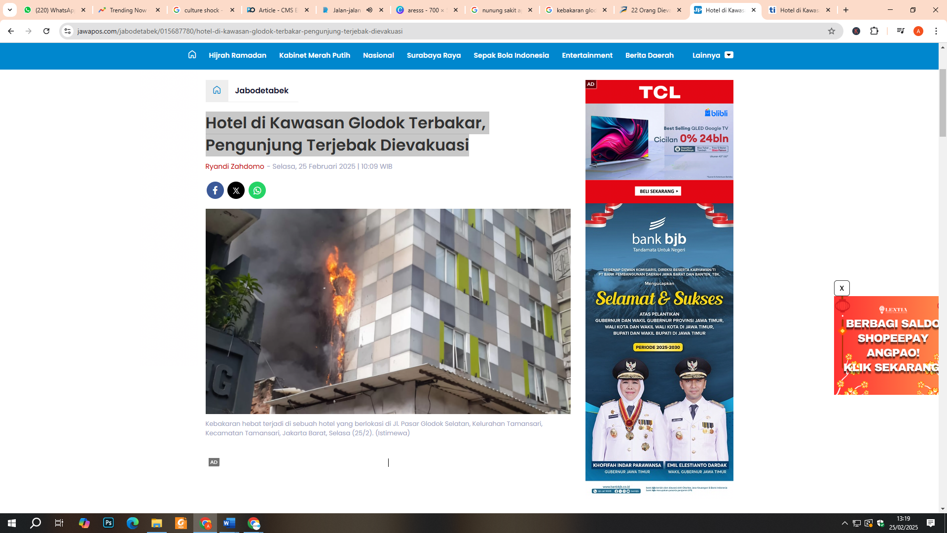 Peristiwa kebakaran terjadi di hotel 101, Jalan Pasar Glodok Selatan RT 001 RW 01, Kelurahan Taman Sari, Kecamatan Taman Sari, Jakarta Barat.