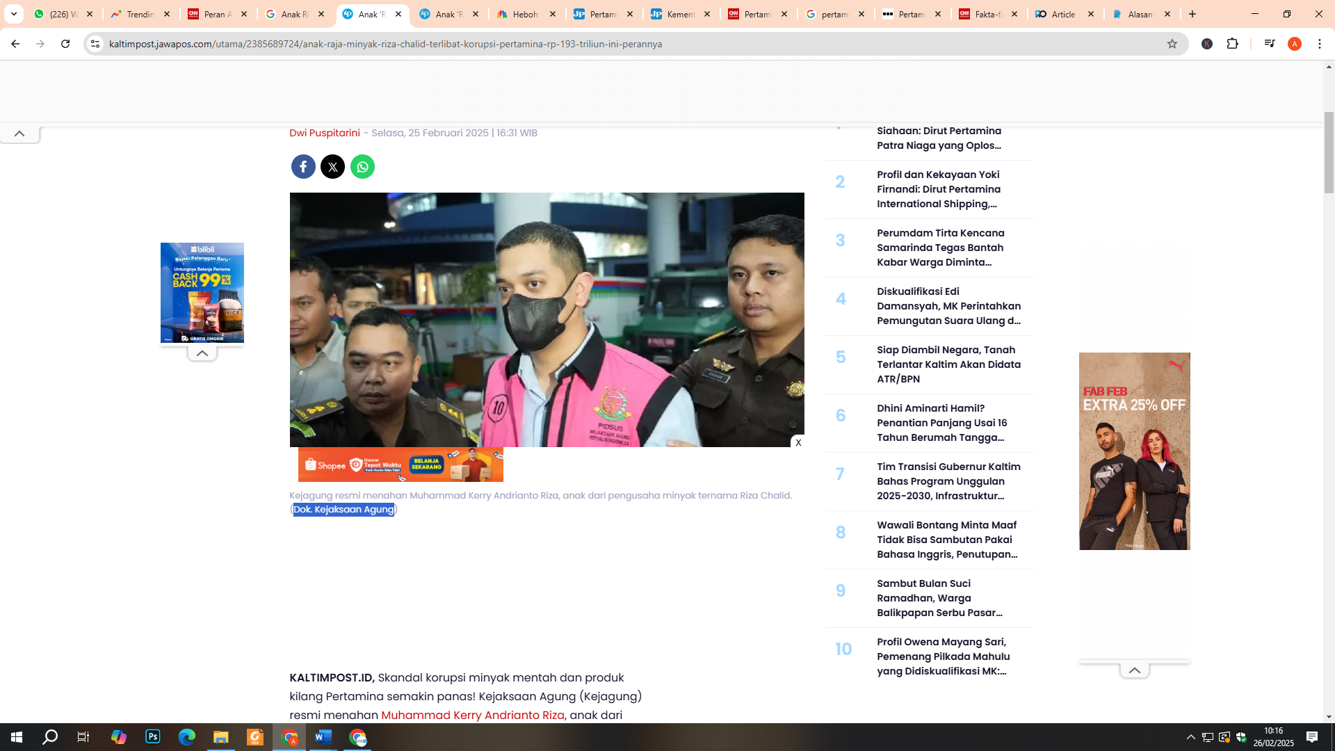 Anak Riza Chalid, Muhammad Kerry Andrianto Riza Ditetapkan sebagai tersangka dalam kasus korupsi minyak mentah