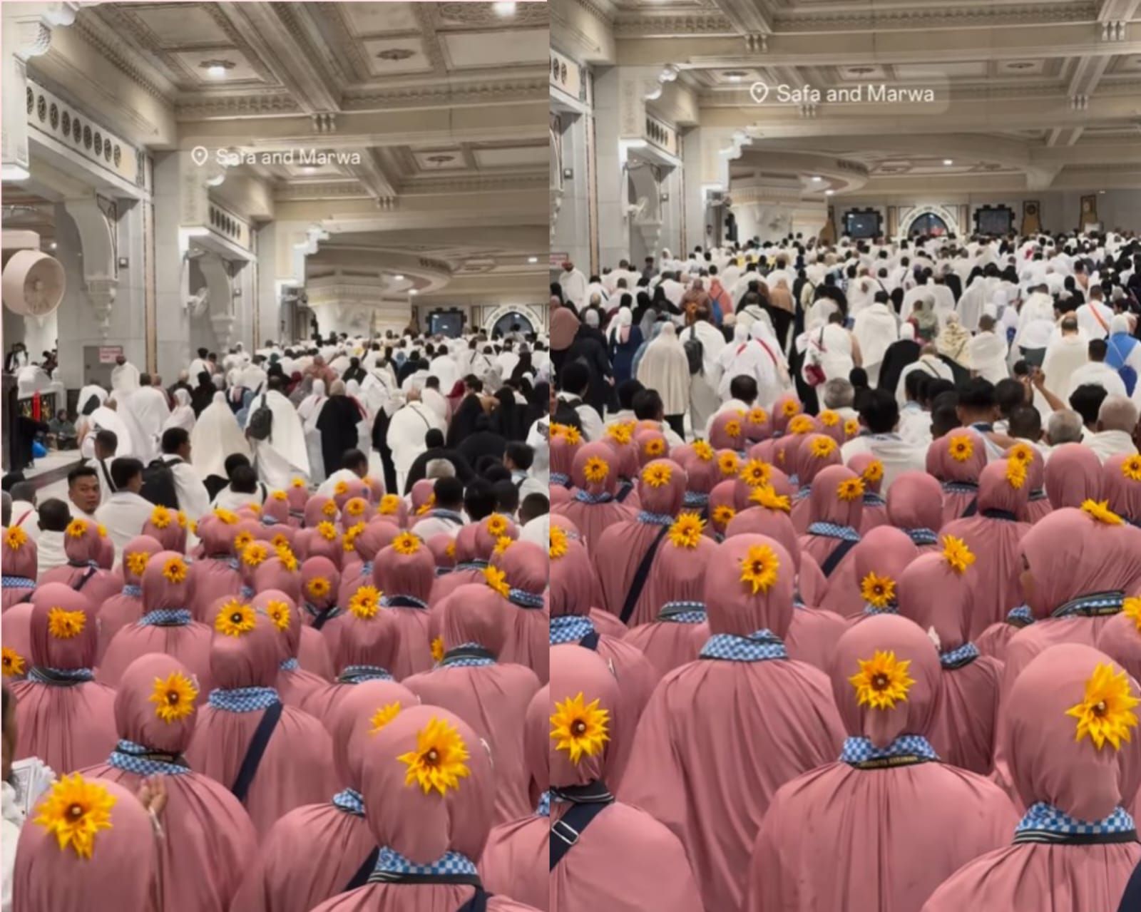 Jemaah Umroh asal Indonesia yang tampil unik ditengah para jemaah lain dengan ihram warna pink dan bros bunga matahri dibagian belakang hijab