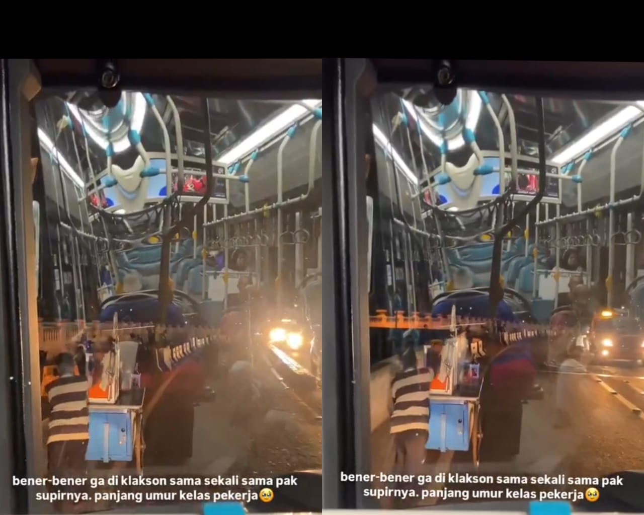 Supir bus transjakarta berkendara dengan pelan di belakang pedagang bakso yang tengah mendorong gerobaknya