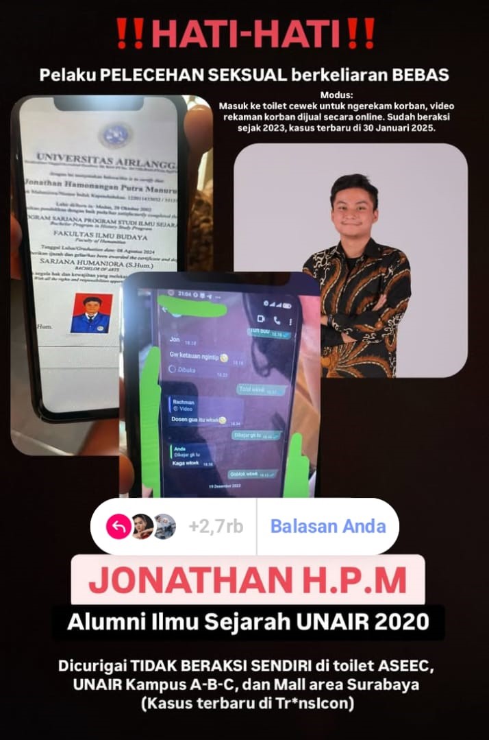 Kasus pelecehan seksual oleh Alumni Unair dengan mengintip dan merekam