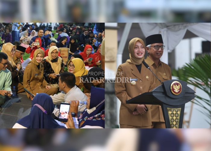 Wali Kota Kediri Vinanda Prameswati (tengah) duduk lesehan tanpa alas di halaman balai kota bersama warga yang mengikuti buka puasa bersama.