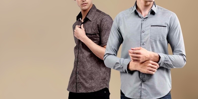 Kemeja cowok motif warna coklat dan kemeja polos dengan warna silver atau abu-abu muda (Sumber : jakmall.com)