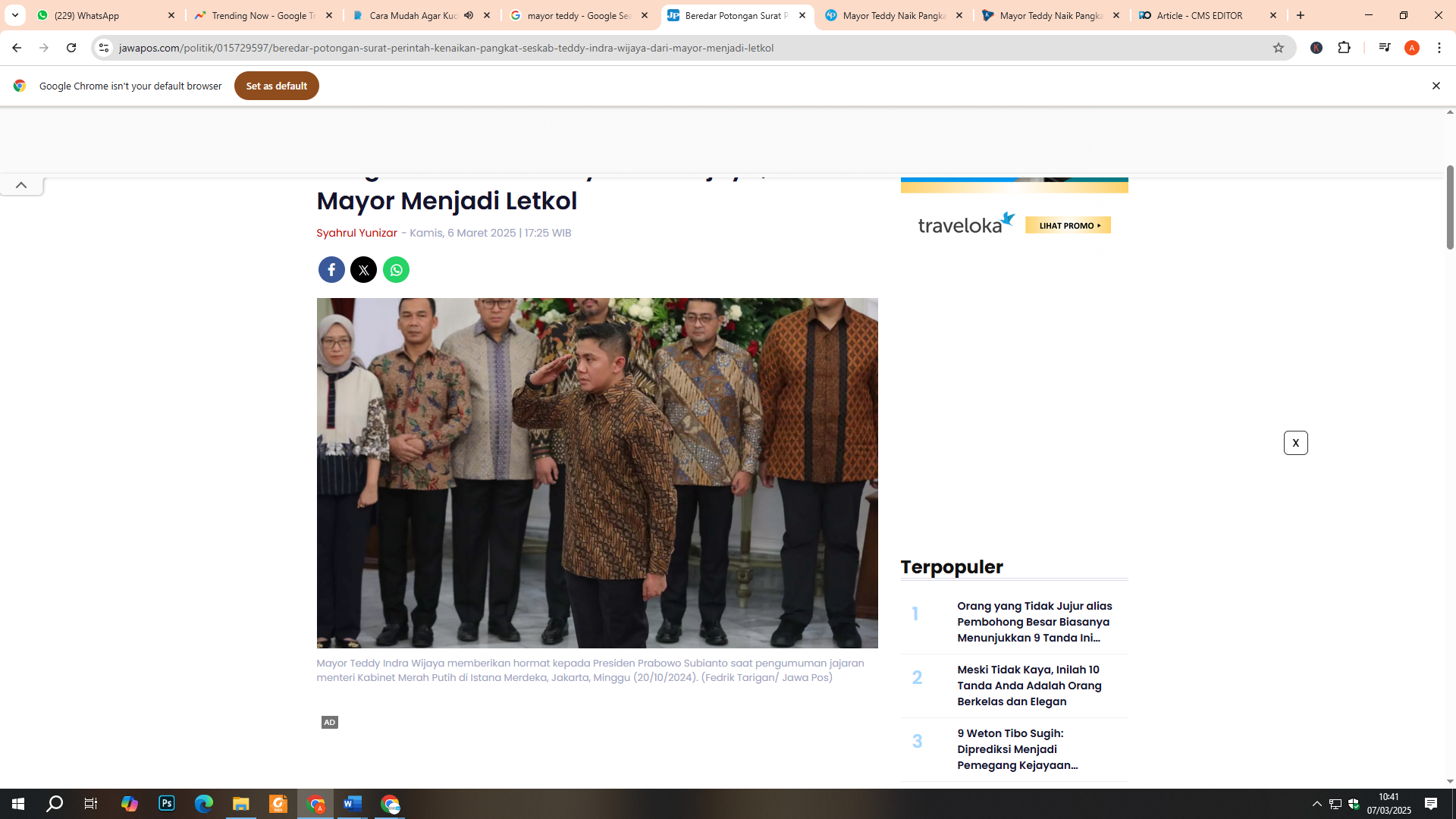 Mayor Teddy Naik Pangkat Jadi Letkol