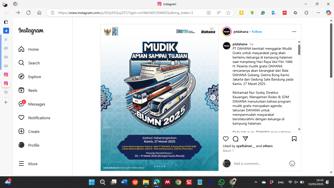 Poster Mudik BUMN PT Dahana di Instagram @ptdahana