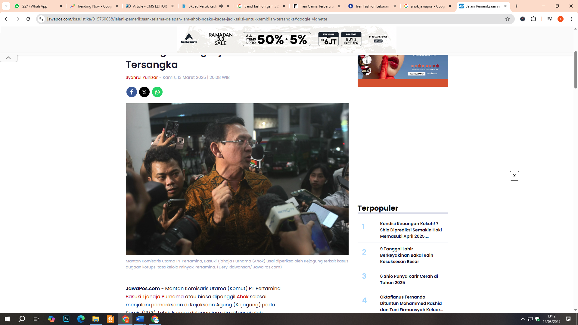 Mantan Komisaris Utama PT Pertamina, Basuki Tjahaja Purnama (Ahok) usai diperiksa oleh Kejagung