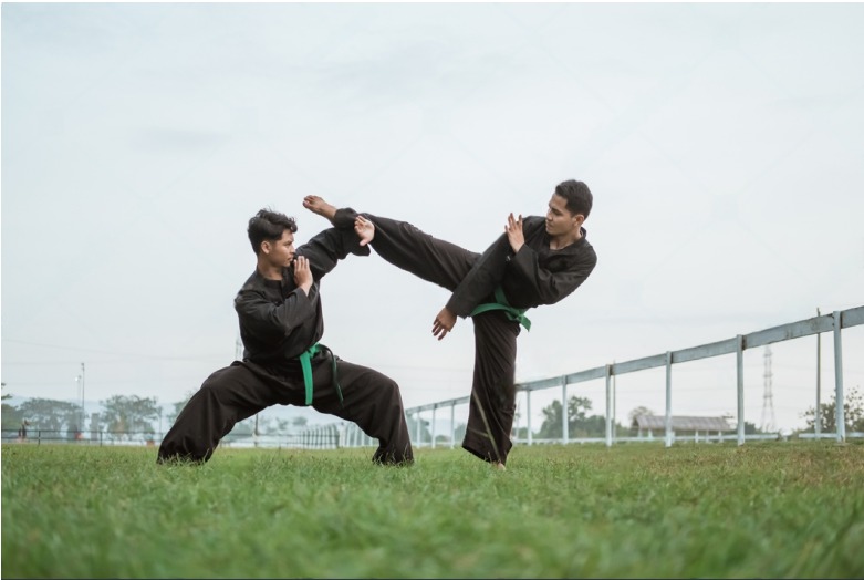 Praktisi Pencak Silat Sedang Memperagakan Gerakan Tendangan Sabit dan Tangkisan Atas (Shutterstock.com)