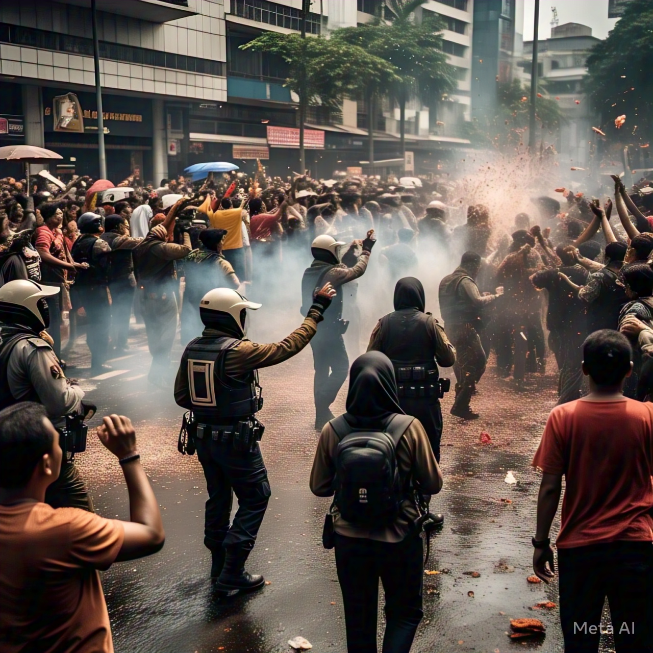 Ilustrasi aksi demo dengan lemparan petasan.
