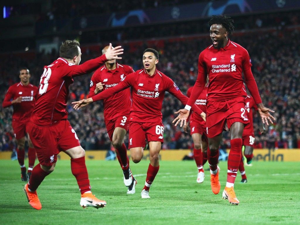 Selebrasi ikonik penggawa Liverpool usai comeback melawan Barcelona di leg kedua perempatfinal Liga Champions.