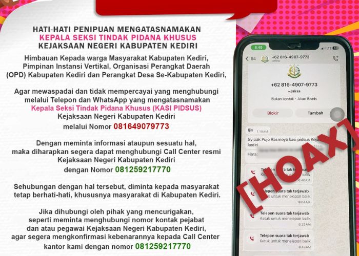 HATI-HATI: Penipuan mengatasnamakan Kasi Pidum Kejari Kabupaten Kediri disebar lewat WhatsApp.
