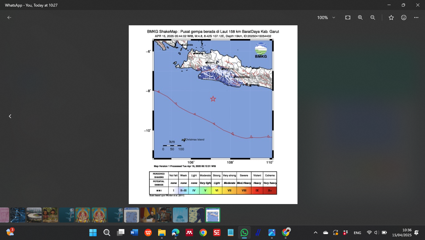 Pantauan Gempa Bumi di Barat Daya Laut Kabupaten Garut dari Badan Meteorologi Klimatologi dan Geofisika