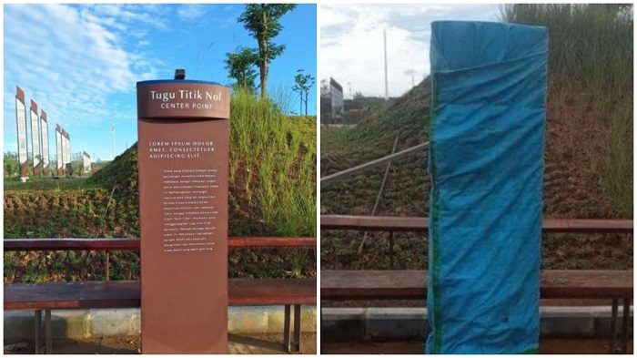 Tugu Titik Nol IKN kini ditutup plastik berwarna biru.