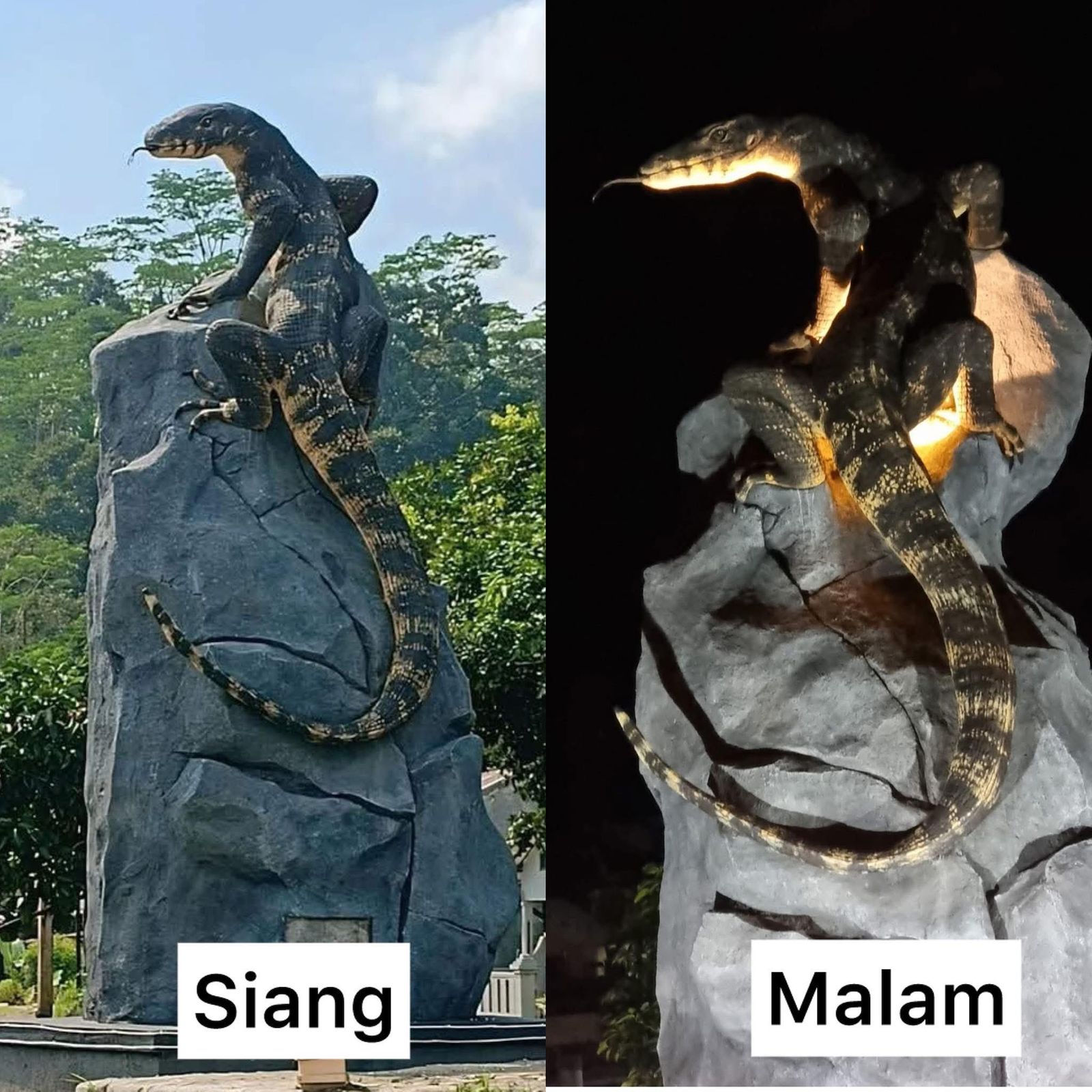 Sebuah tugu berbentuk biawak di Desa Krasak, Kecamatan Selomerto, Kabupaten Wonosobo, Jawa Tengah, menjadi perbincangan hangat di media sosial.