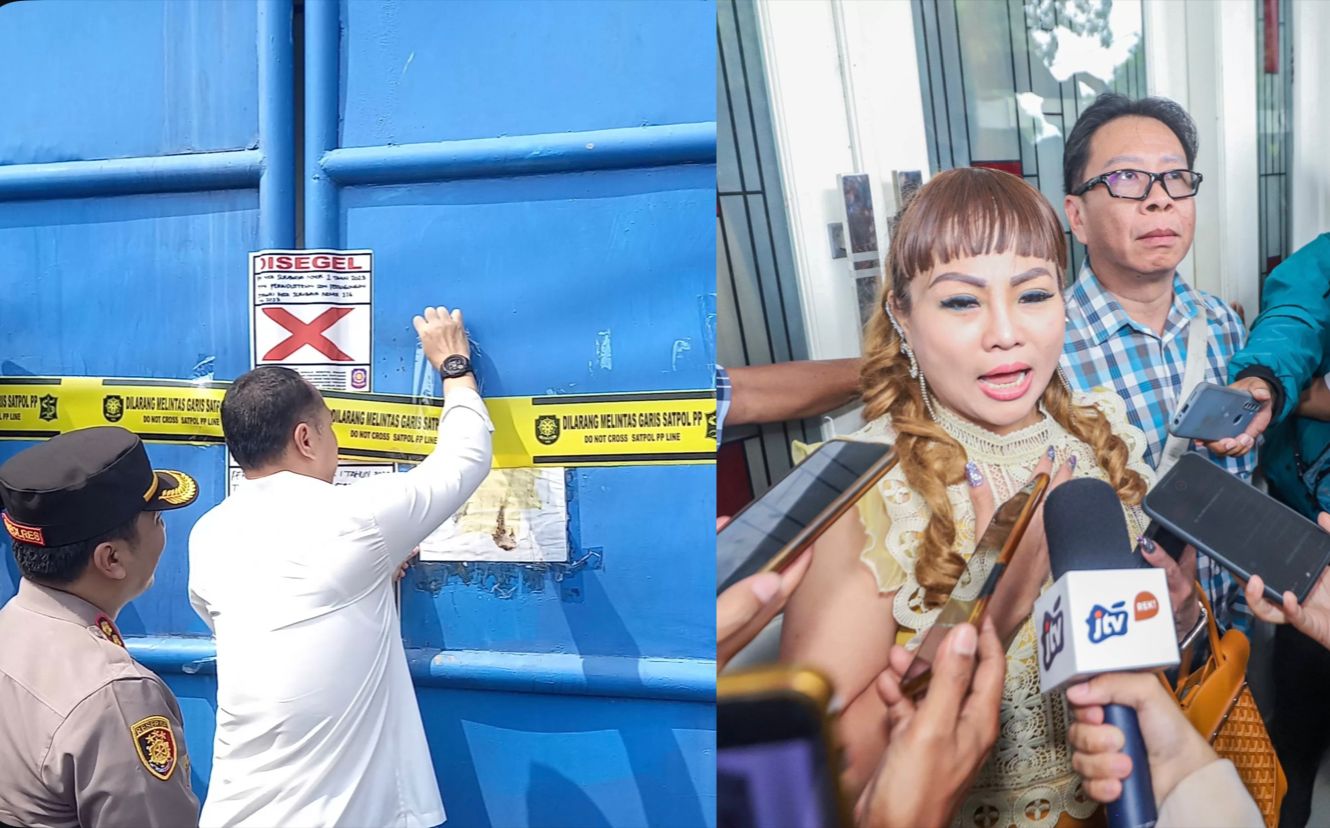 Gudang milik UD Sentoso Seal yang berada di Kompleks Pergudangan Suri Mulia Permai Blok H-14, Kecamatan Krembangan, yang disegel petugas, Selasa (22/4).