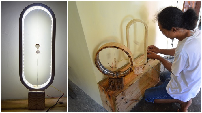 Eksotis. Lampu meja dari kayu bekas kemasan
