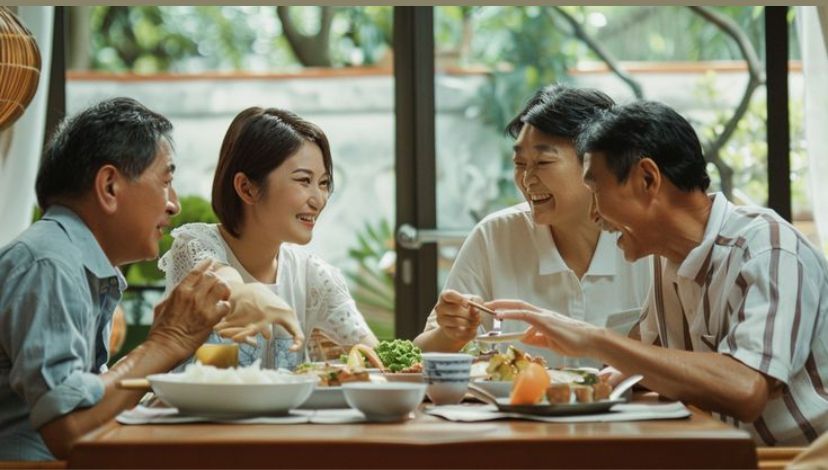 Keluarga yang sedang makan bersama.