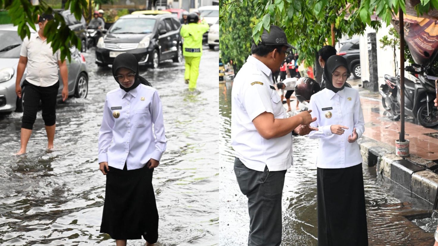 Wali Kota Kediri Vinanda Prameswati mengecek genangan air di Jl Hasanudin Kota Kediri. Dia akan merumuskan solusi banjir yang terjadi setiap hujan deras itu.