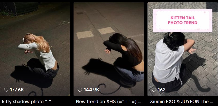 Para pengguna TikTok yang sedang melakukan tren foto kitty shadow di bawah cahaya lampu jalanan dan matahari