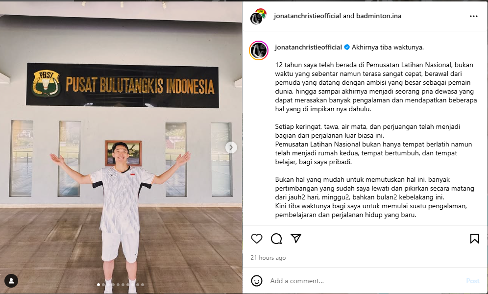 Tangakapan Layar Instagram Jonatan yang Menyampaikan Salam Perpisahan Pada Pelatnas