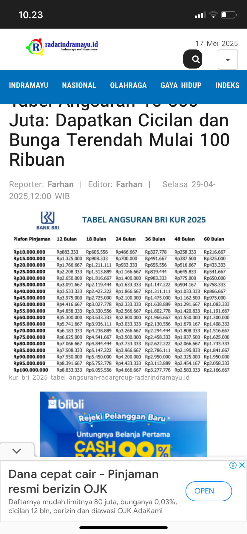 Tabel angsuran KUR BRI 2025