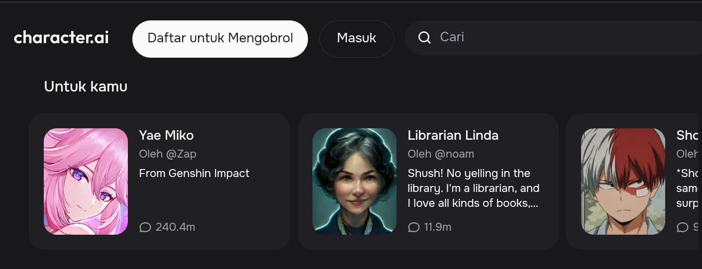Tangkapan layar laman character AI