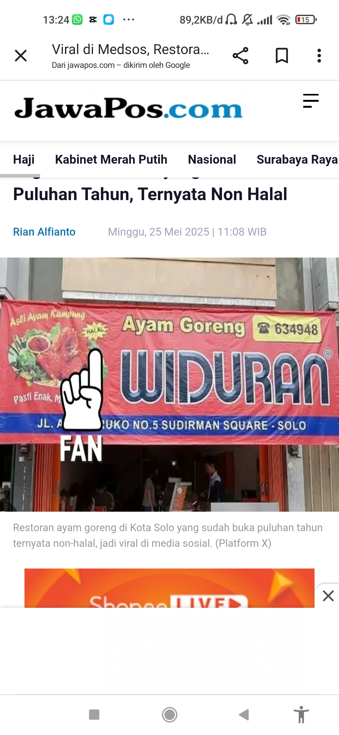 Restoran ayam goreng di Solo ini sudah buka puluhan tahun, namun baru mengaku jika tidak halal