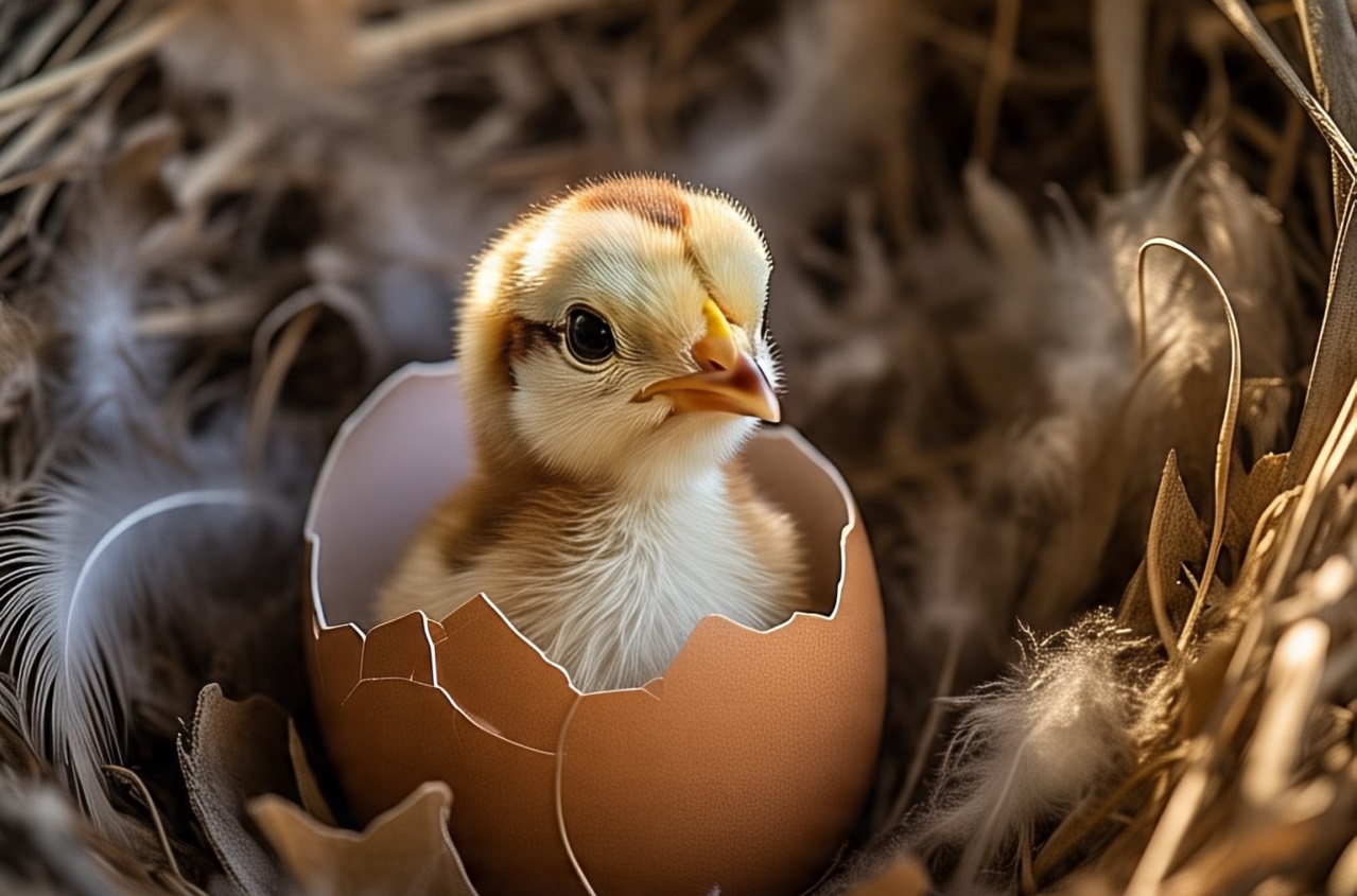 Ilustrasi anak ayam yang baru menetas di dalam cangkang telur