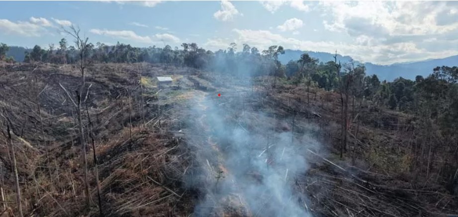Pasca kebarakan, kepulan asap masih terlihat di atas lereng bukit kawasan HPT di Desa Tanjung Medan, Kecamatan Rokan IV Koto, Kabupaten Rokan Hulu, Kepulauan Riau pada Rabu (28/5) lalu.