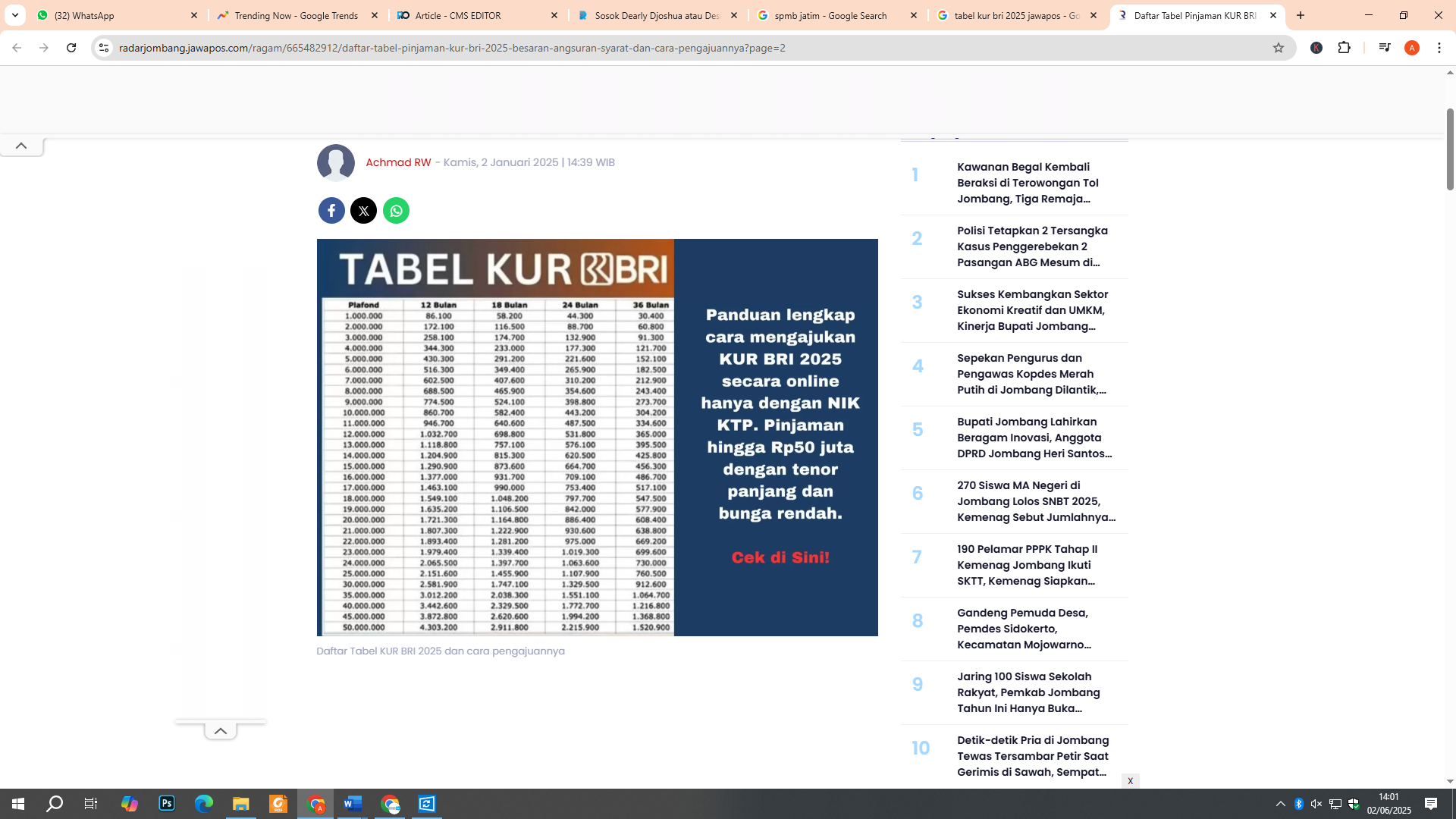 Tabel KUR BRI 2025