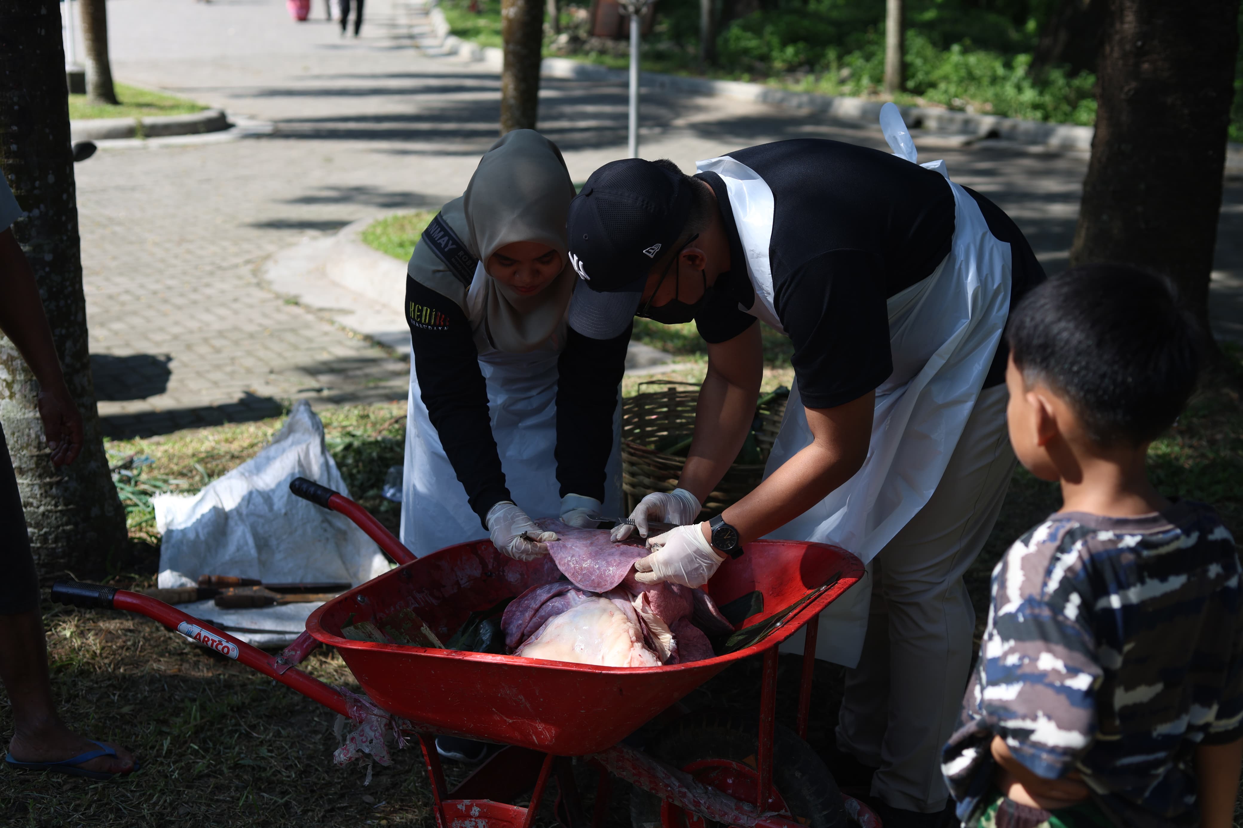 Petugas DKPP memeriksa hewan kurban yang disembelih di Masjid An Nur Pare Kediri.
