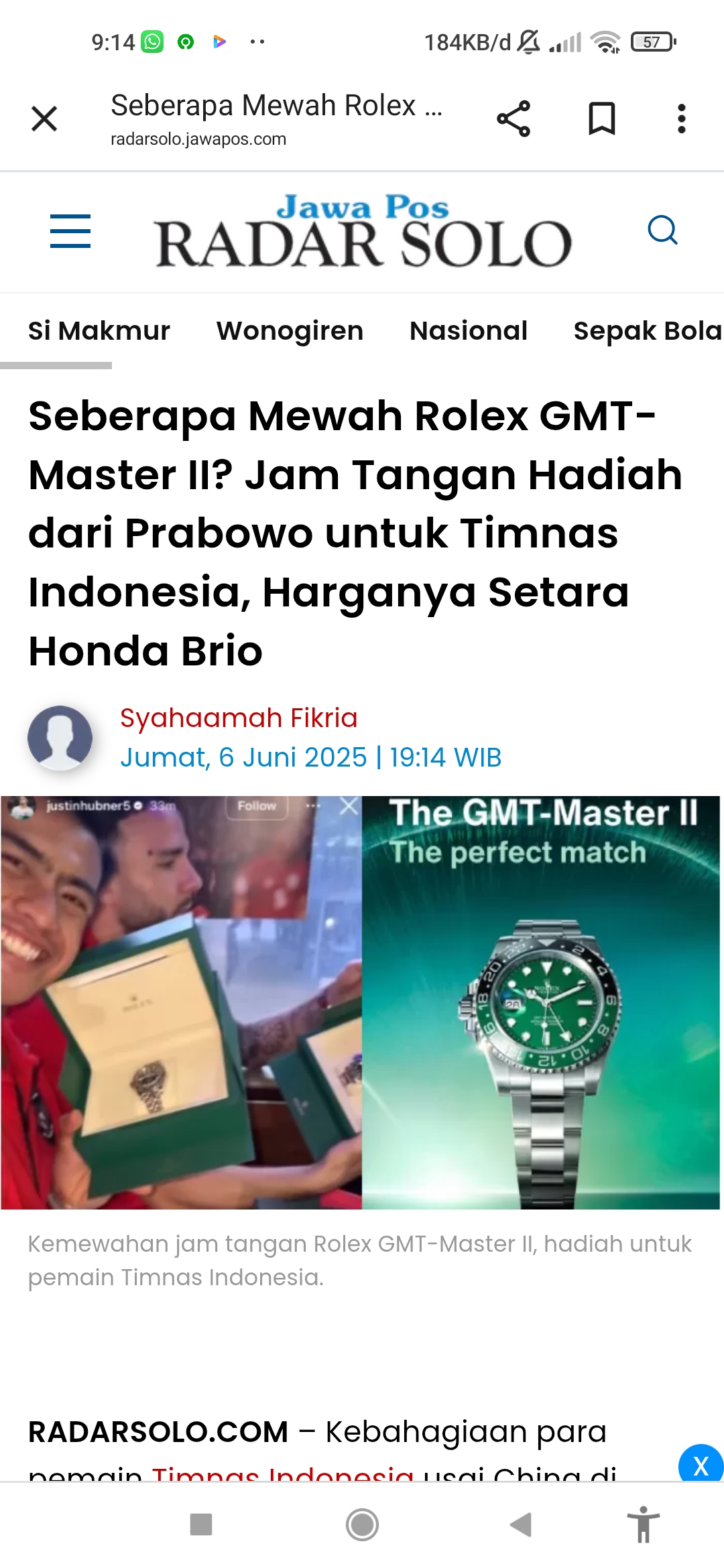 Pemain Timnas dapat Jam Tangan Rolex dari Presiden Prabowo