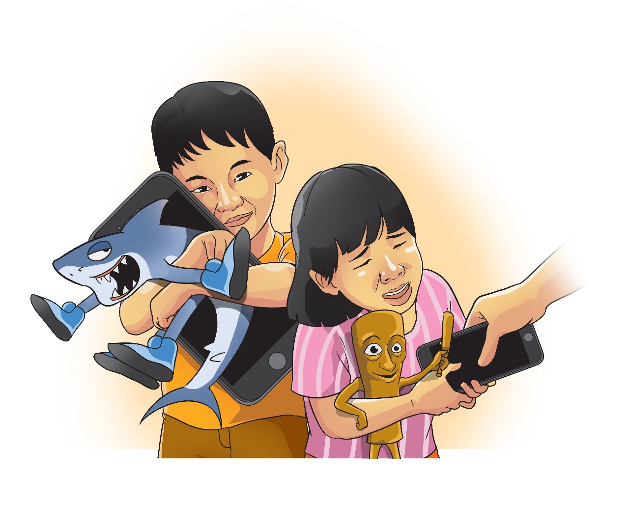 Ilustrasi anak-anak yang kecanduan gawai dan bermain medsos.