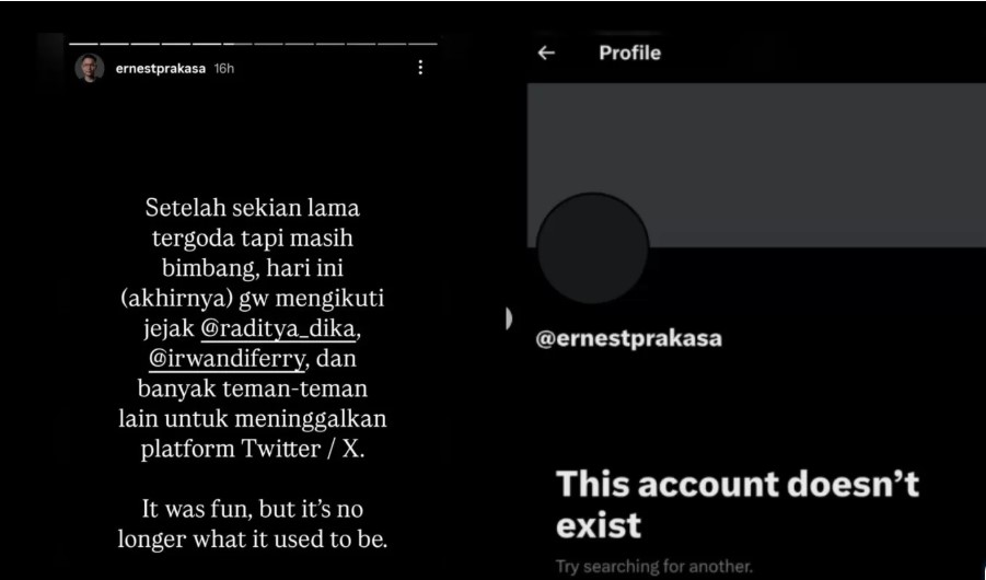 Akun X milik Ernest Prakasa yang sudah tidak lagi aktif dan pengumumannya meninggalkan X melalui Instagram story miliknya.