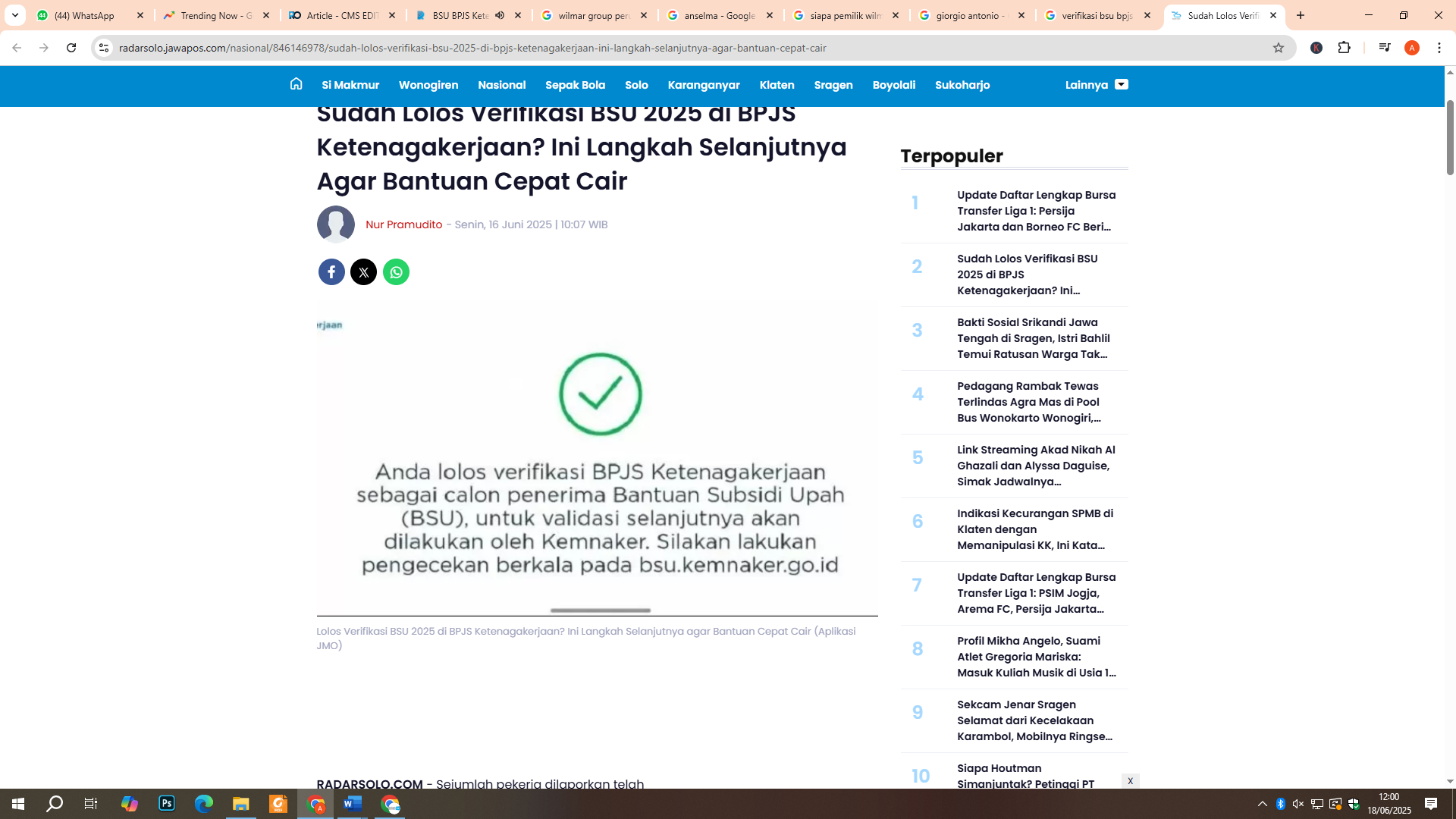 Tampilan Verifikasi BSU BPJS Ketenagakerjaan yang berhasil