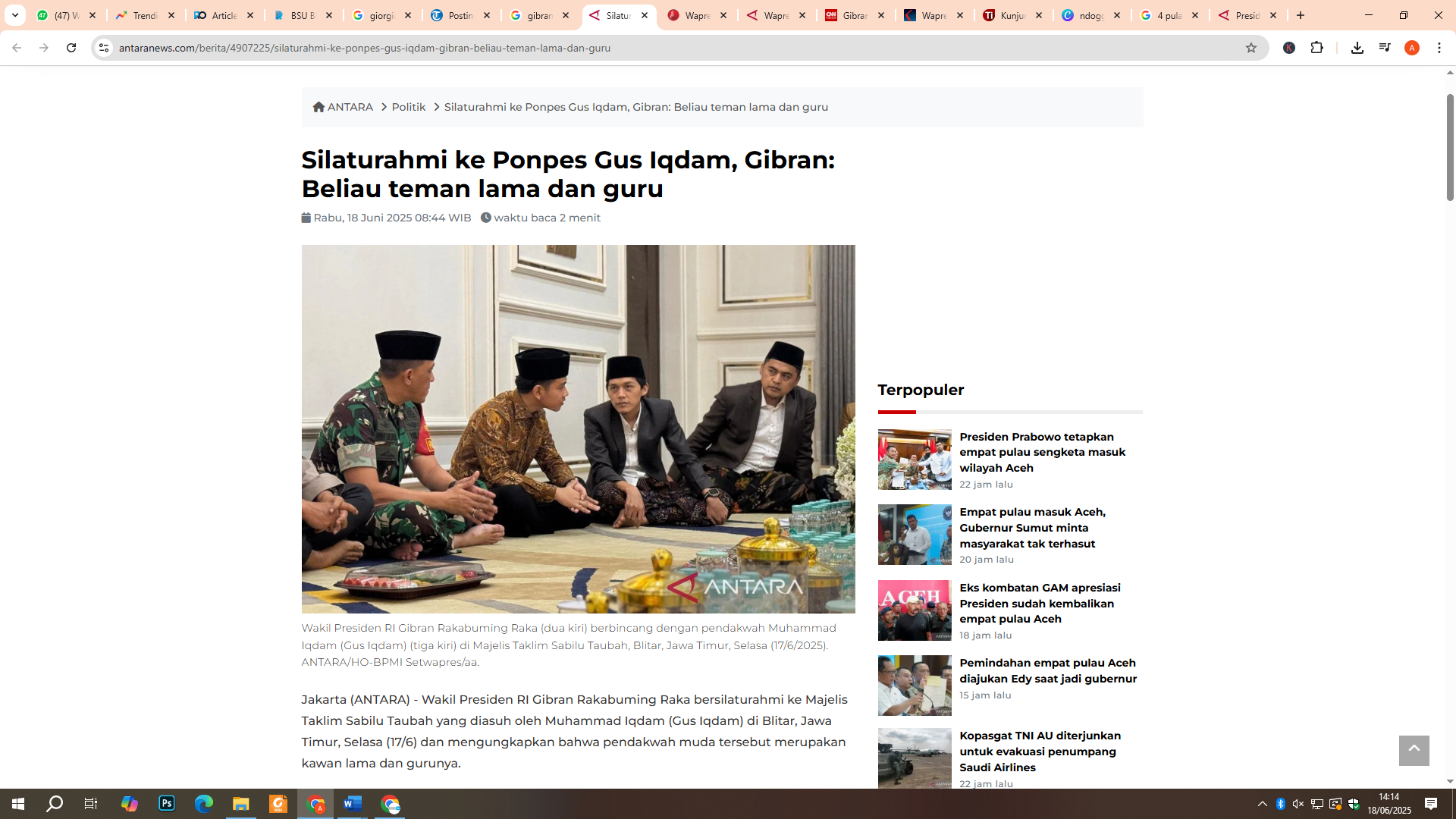 Gibran temui Gus Iqdam saat kunjungan ke Blitar