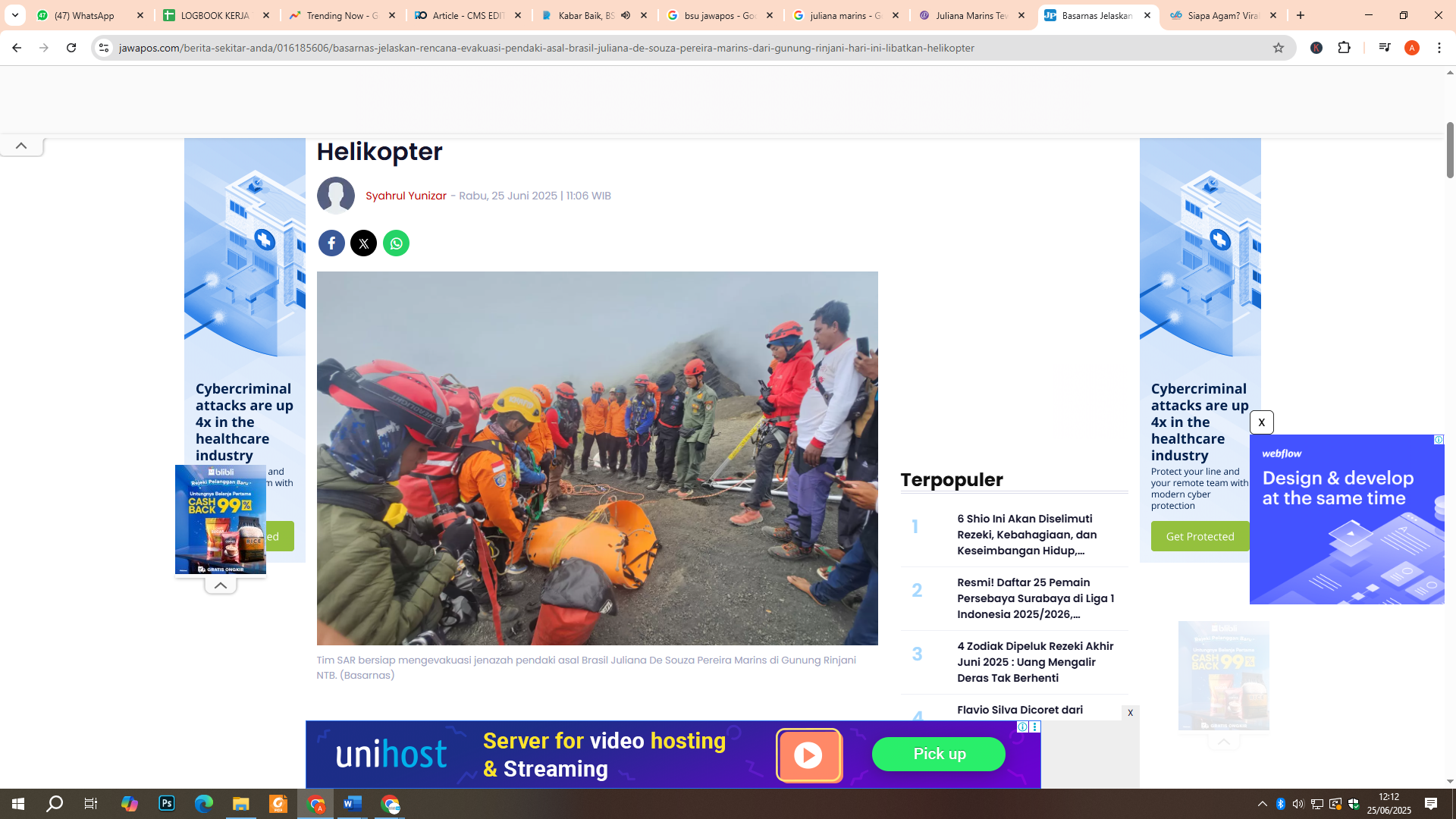 Tim SAR bersiap mengevakuasi jenazah pendaki asal Brasil Juliana De Souza Pereira Marins di Gunung Rinjani