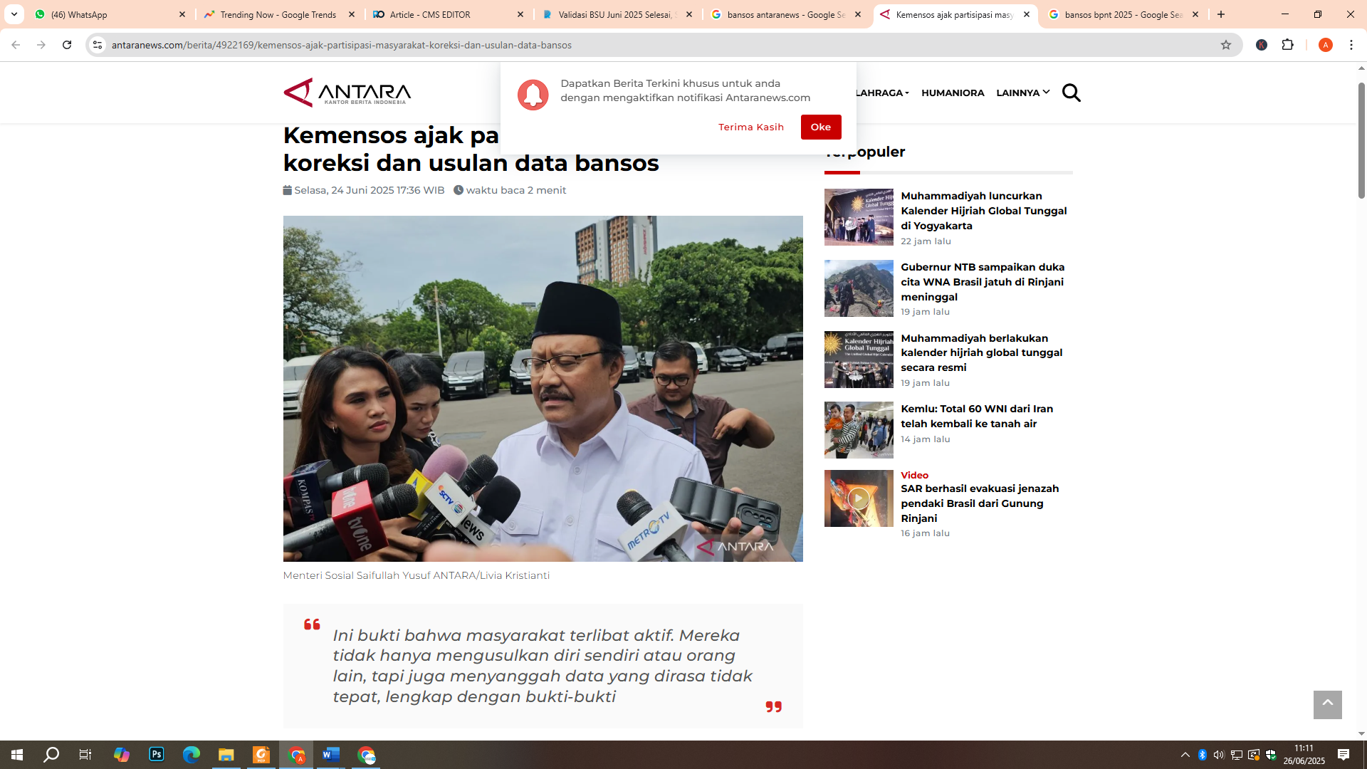 Menteri Sosial Saifullah Yusuf pastikan pencairan BLT Kesra 2025