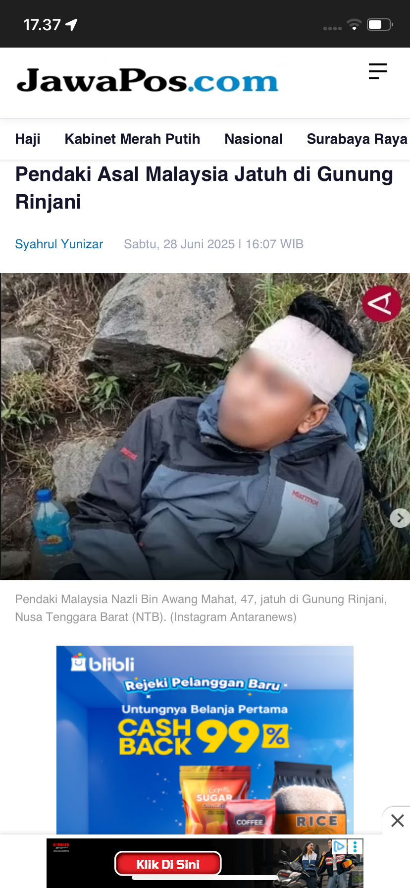 Seorang pendaki berpaspor Malaysia Nazli Bin Awang Mahat, 47, jatuh di Gunung Rinjani, Nusa Tenggara Barat (NTB).