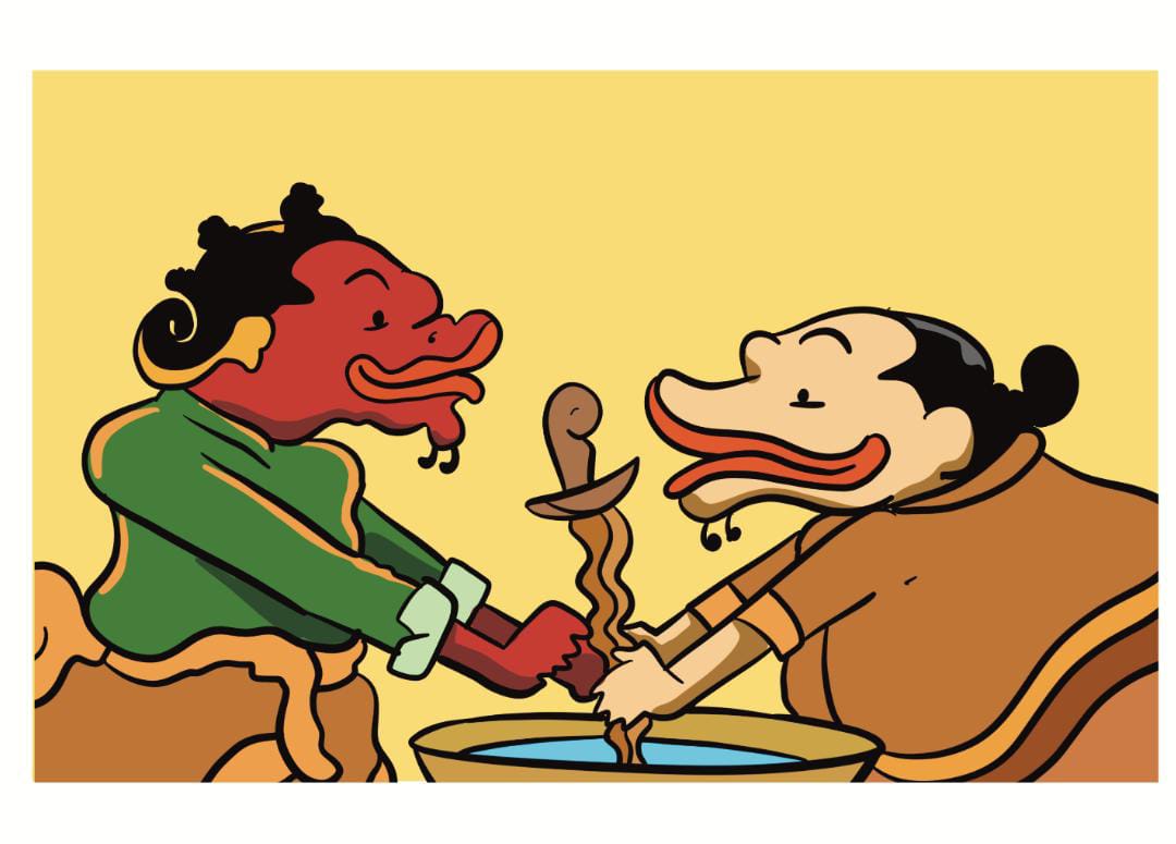 Ilustrasi Togog dan Mbilung mencuci pusaka di malam Sura