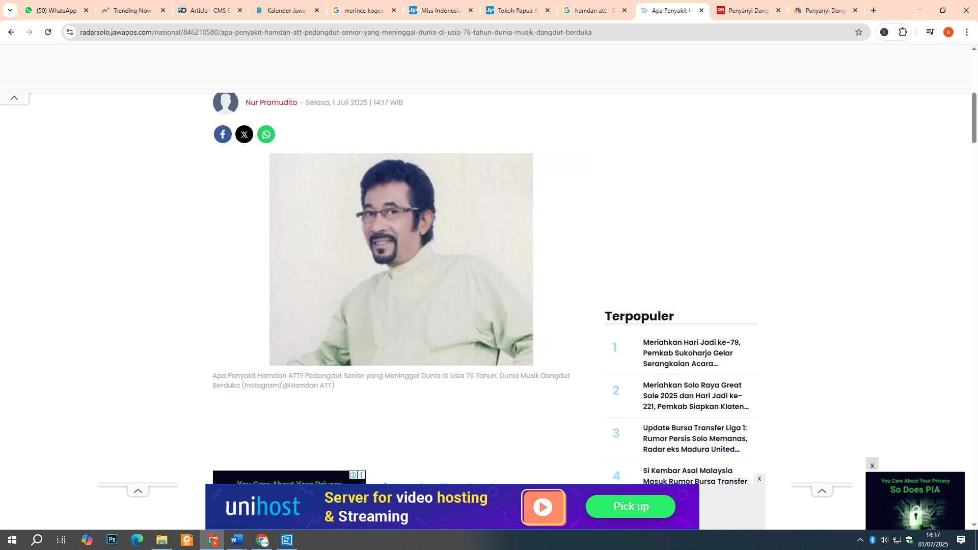 Penyanyi dangdut Hamdan ATT meninggal dunia