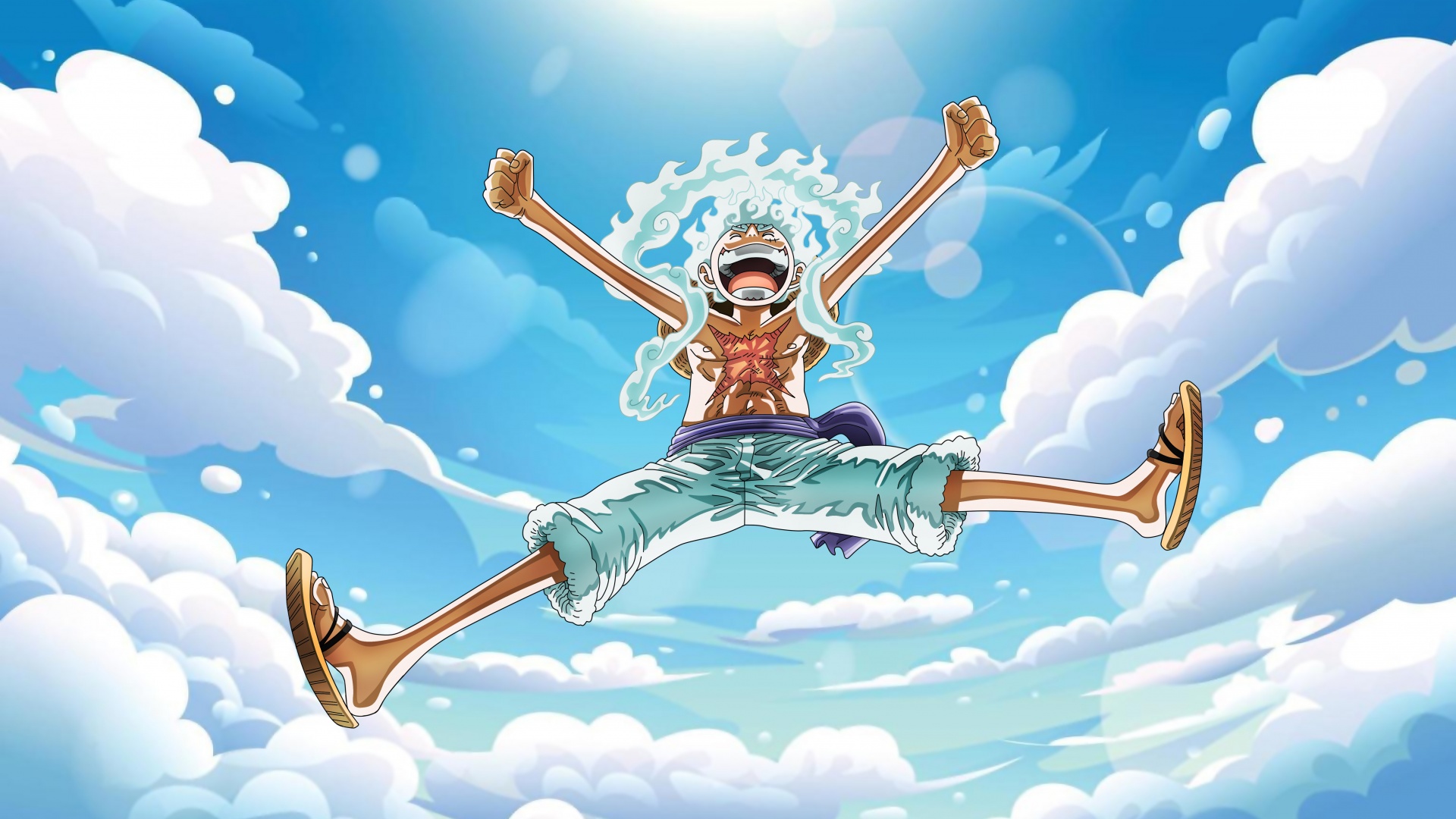 Luffy yang sedang menari kegirangan dalam mode Gear 5.