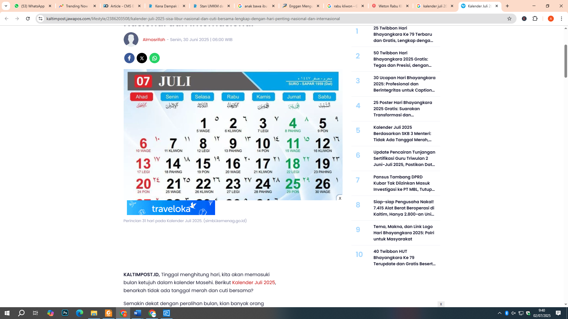 Kalender Juli 2025