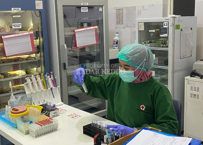 CERMAT: Petugas Unit Donor Darah Palang Merah Indonesia Kota Kediri melakukan uji silang serasi antara darah pendonor dan pasien.