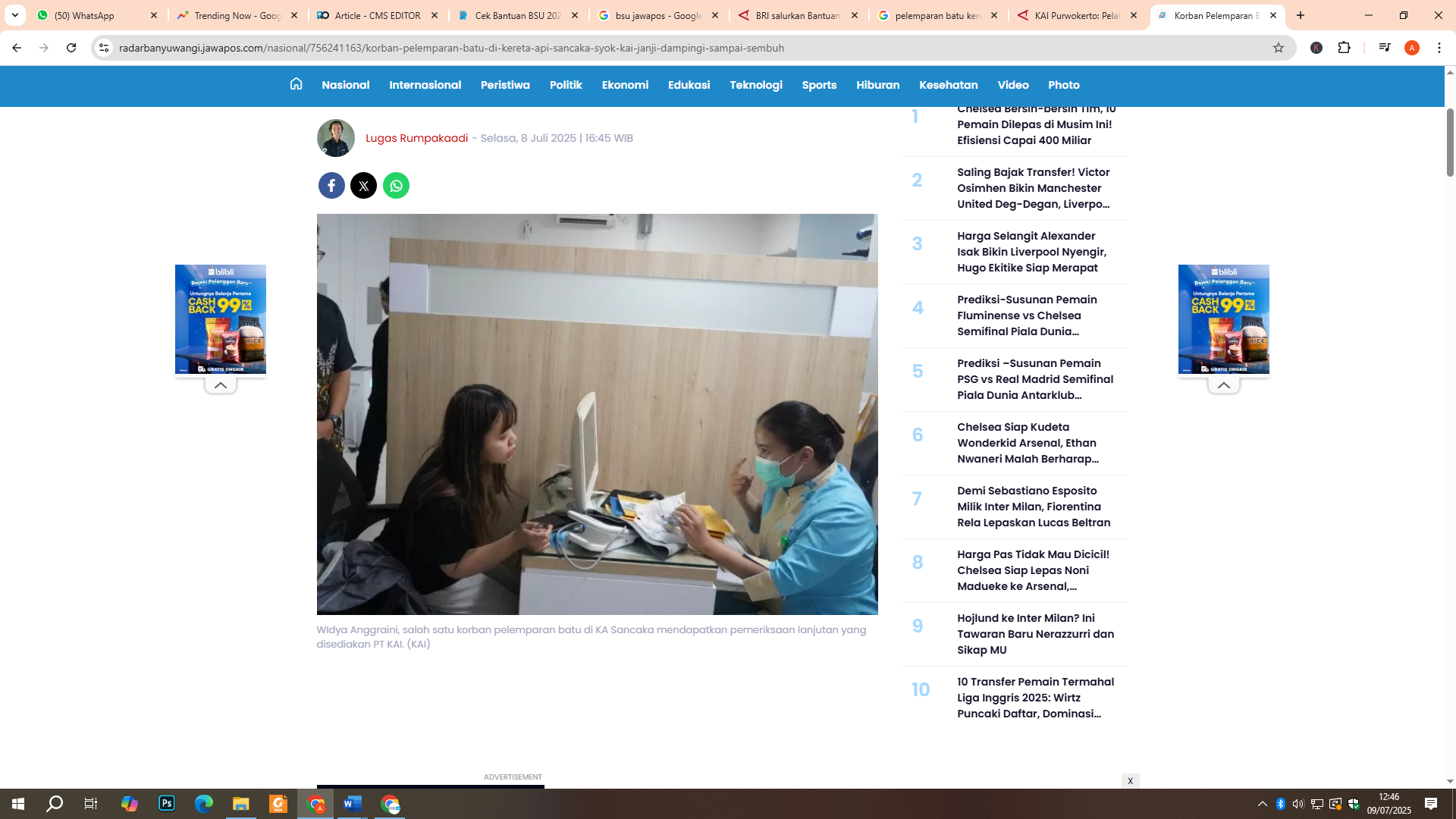 WIdya Anggraini, orban pelemparan batu di KA Sancaka mendapatkan pemeriksaan lanjutan yang disediakan PT KAI