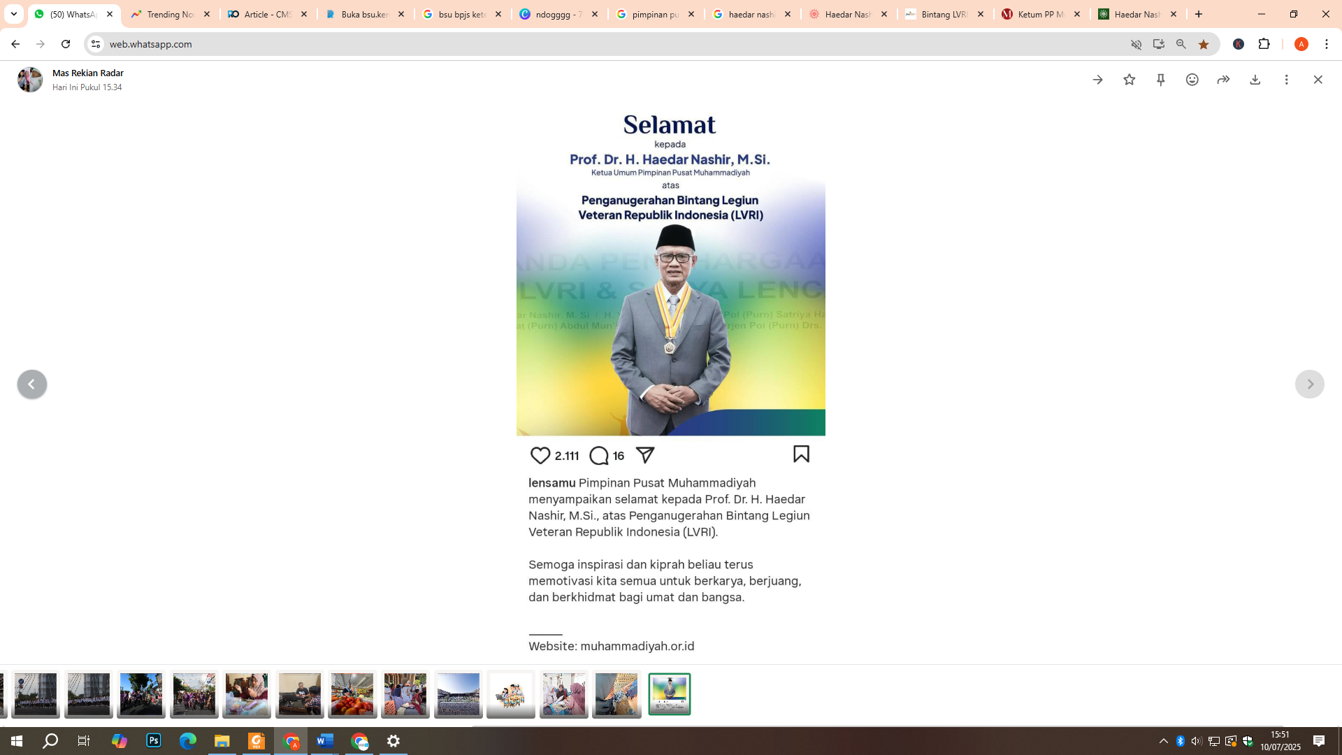 Haedar Nashir, Ketum PP Muhammadiyah Terima Penghargaan Bintang Legiun Veteran RI