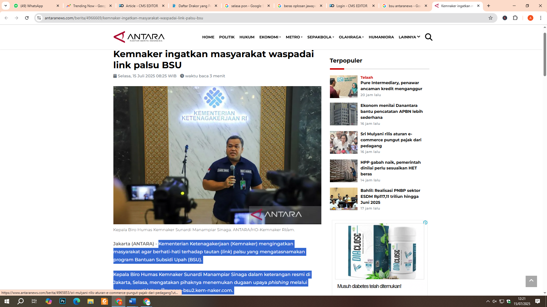 Kepala Biro Humas Kemnaker Sunardi Manampiar Sinaga
