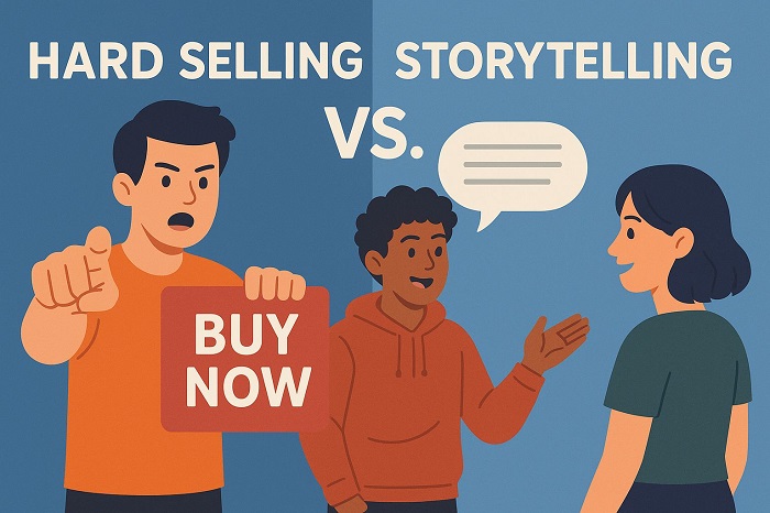 Ilustrasi Hard Selling vs Storytelling by Meta AI