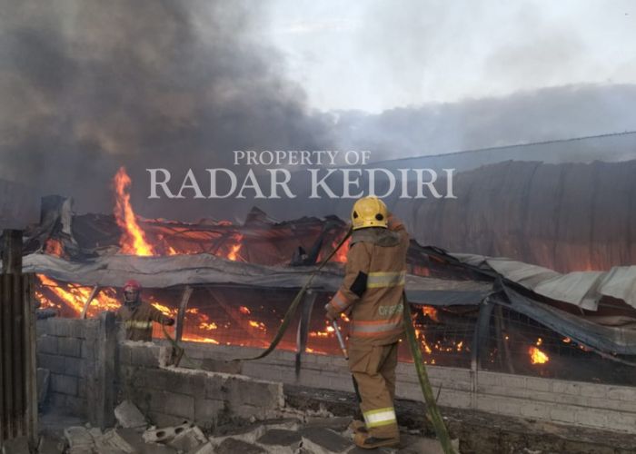 LUDES: Petugas damkar memadamkan api yang mengamuk di kandang ayam Desa Sambi, Kecamatan Ringinrejo.